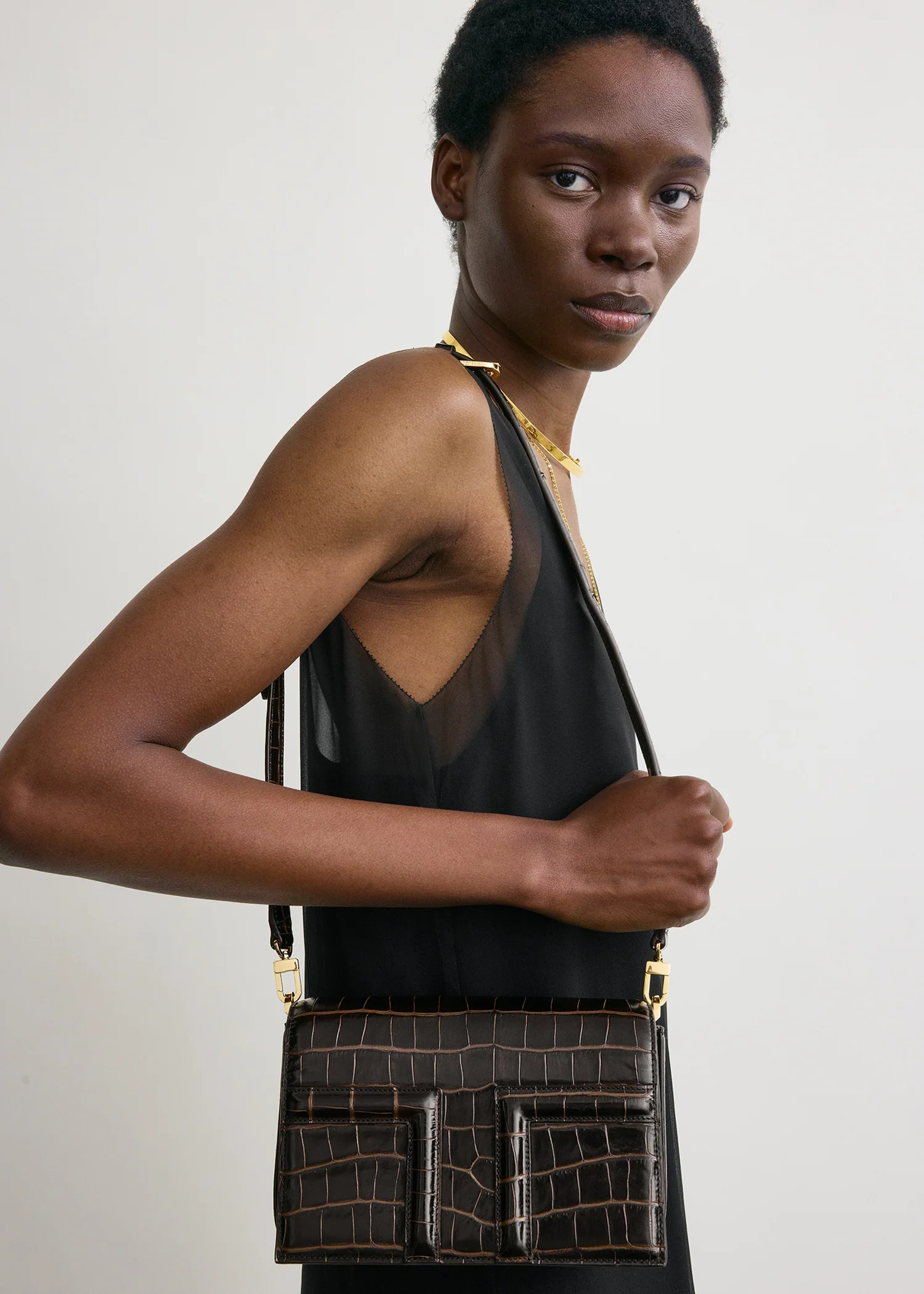 Mini T-flap croco-embossed bag dark brown - Image 4