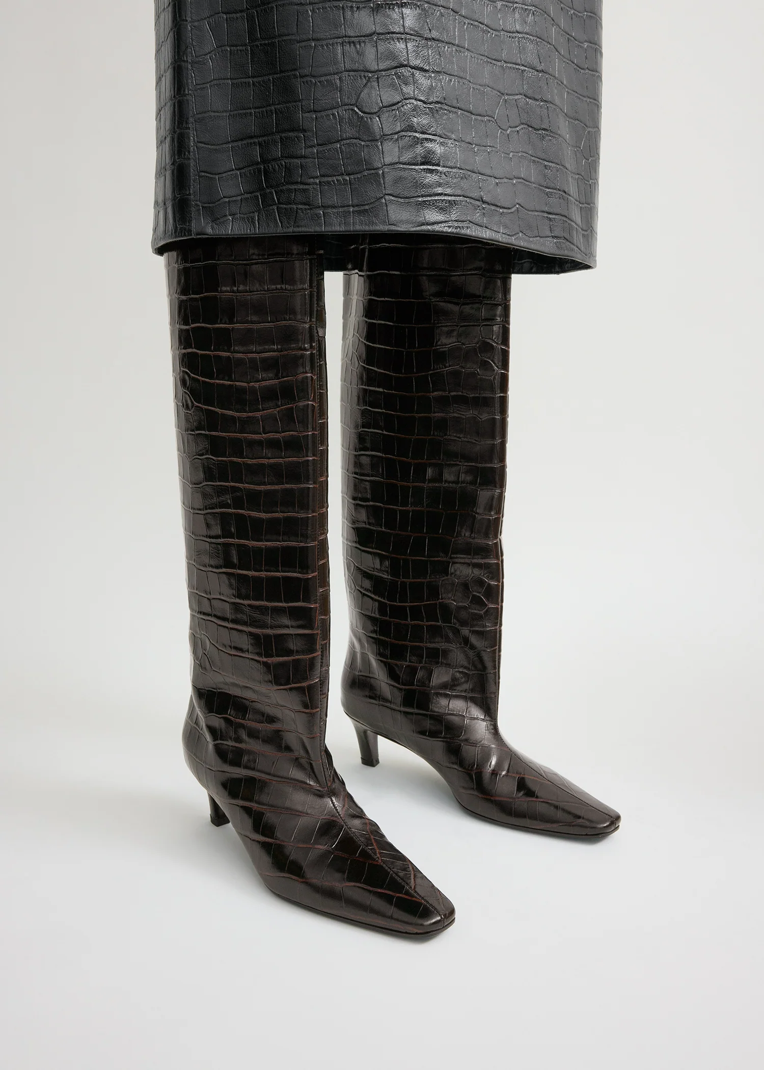 Croco-embossed wide shaft boots dark brown - Image 3