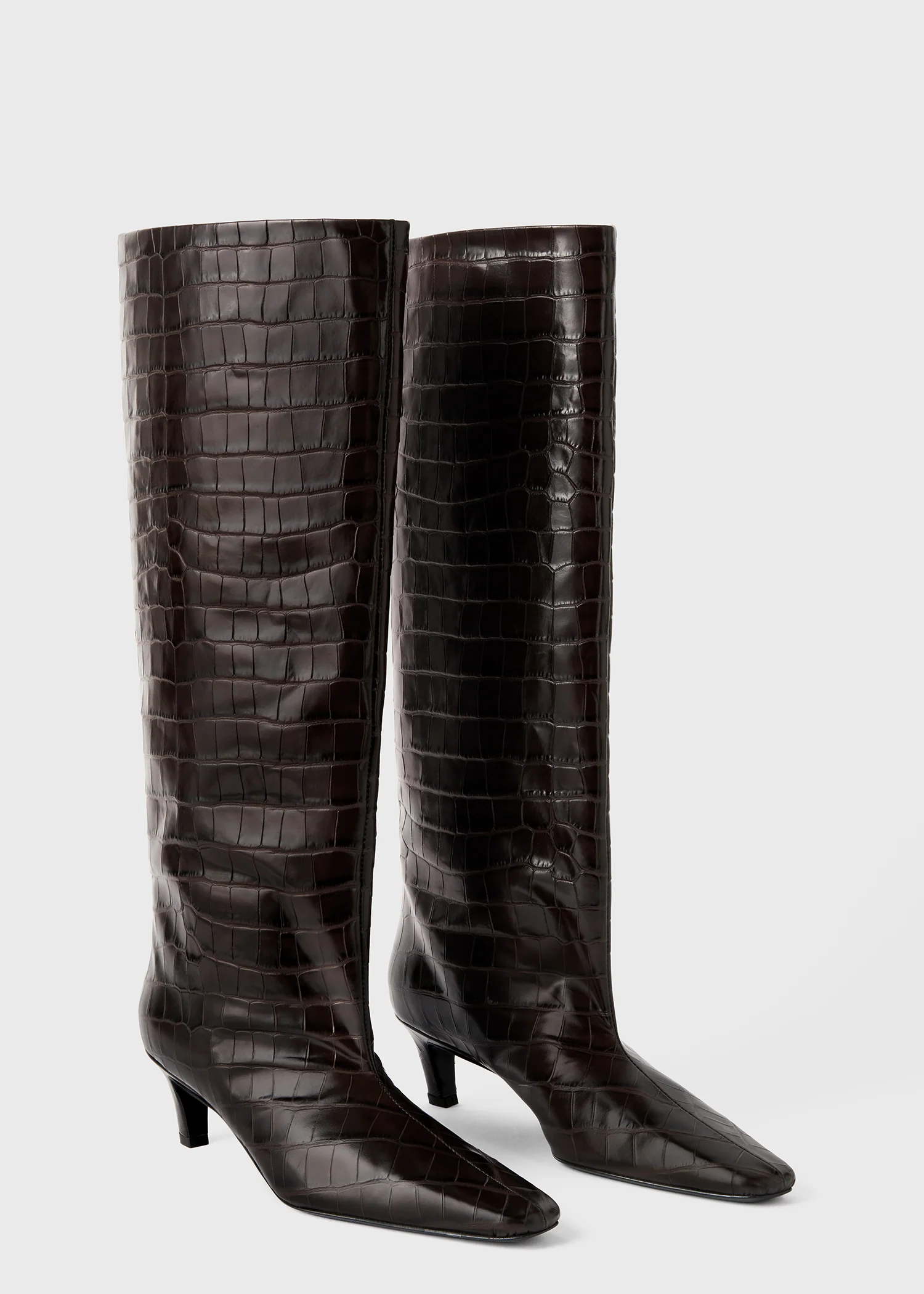 Croco-embossed wide shaft boots dark brown - Image 4