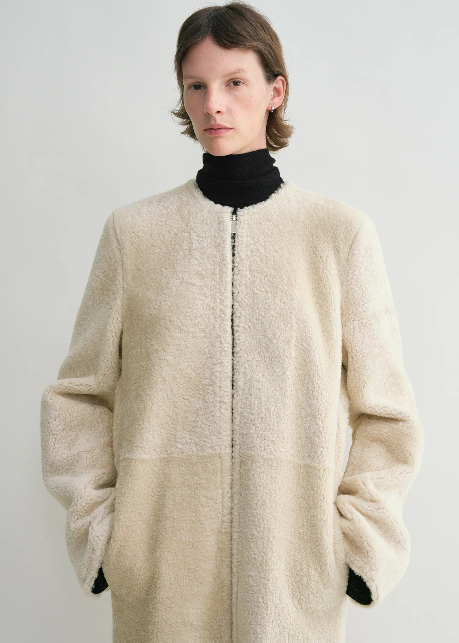 Zipped teddy shearling coat cream - Image 5