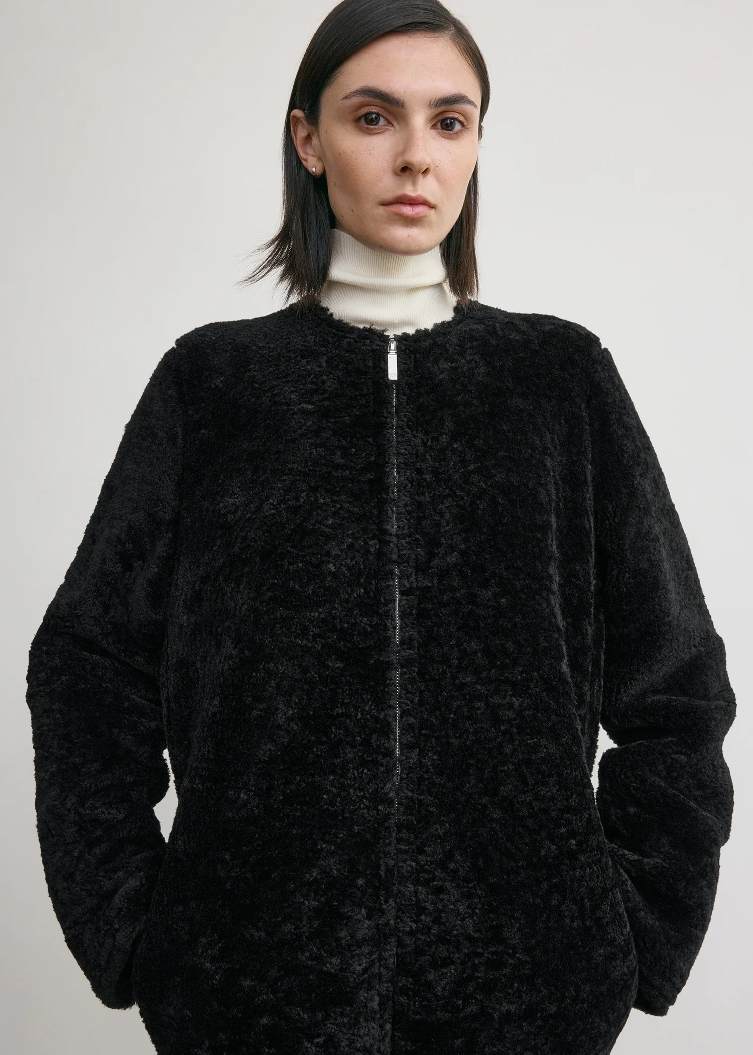 Zipped teddy shearling jacket black - Image 4